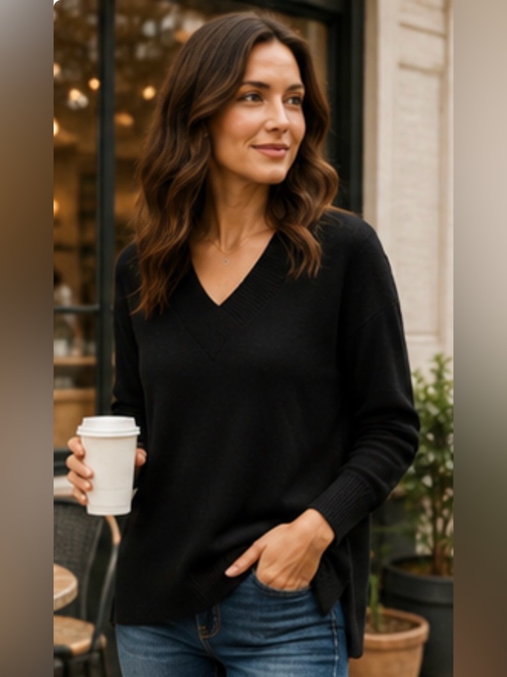 By Anthropologie Black V-Neck Sweater Size M with Side Slit